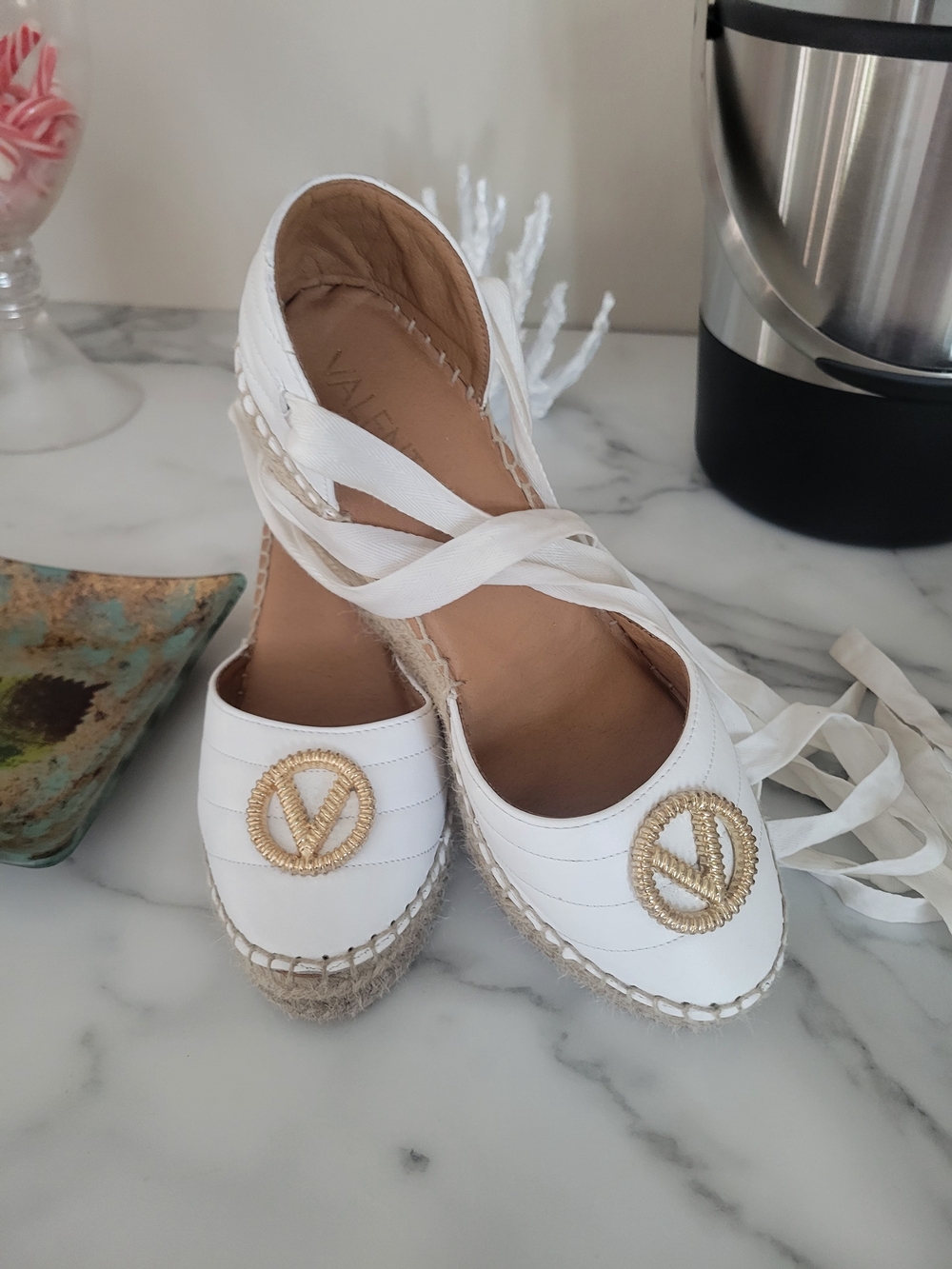 Valentino By Mario Valentino Clara' white quilted leather espadrille wedge mules